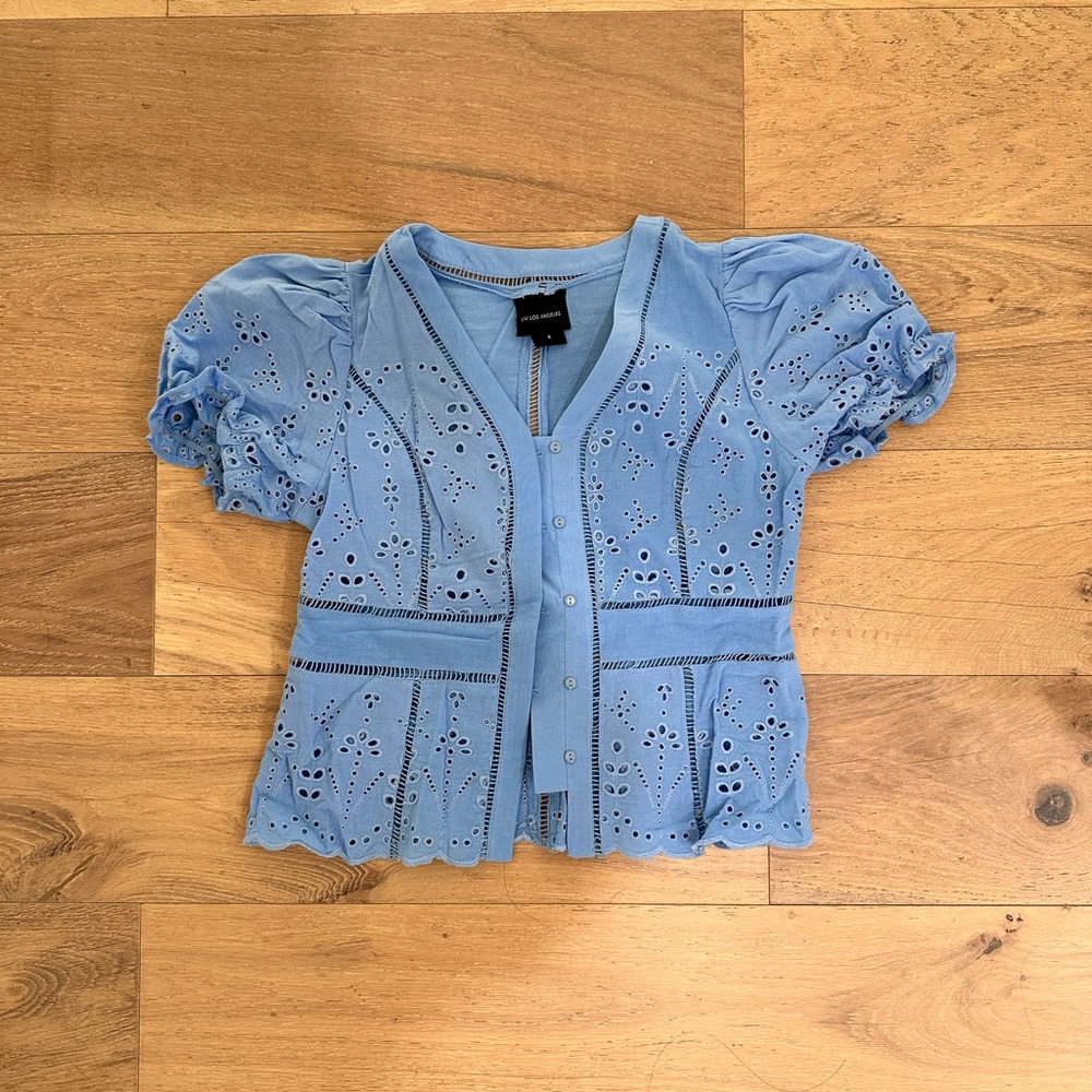 Blue Eyelet Puff Sleeve Button Down Shirt